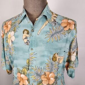 PIERRE CARDIN- Mens Medium Floral Hawaiian Pin Up Girl Camp Rayon  Shirt